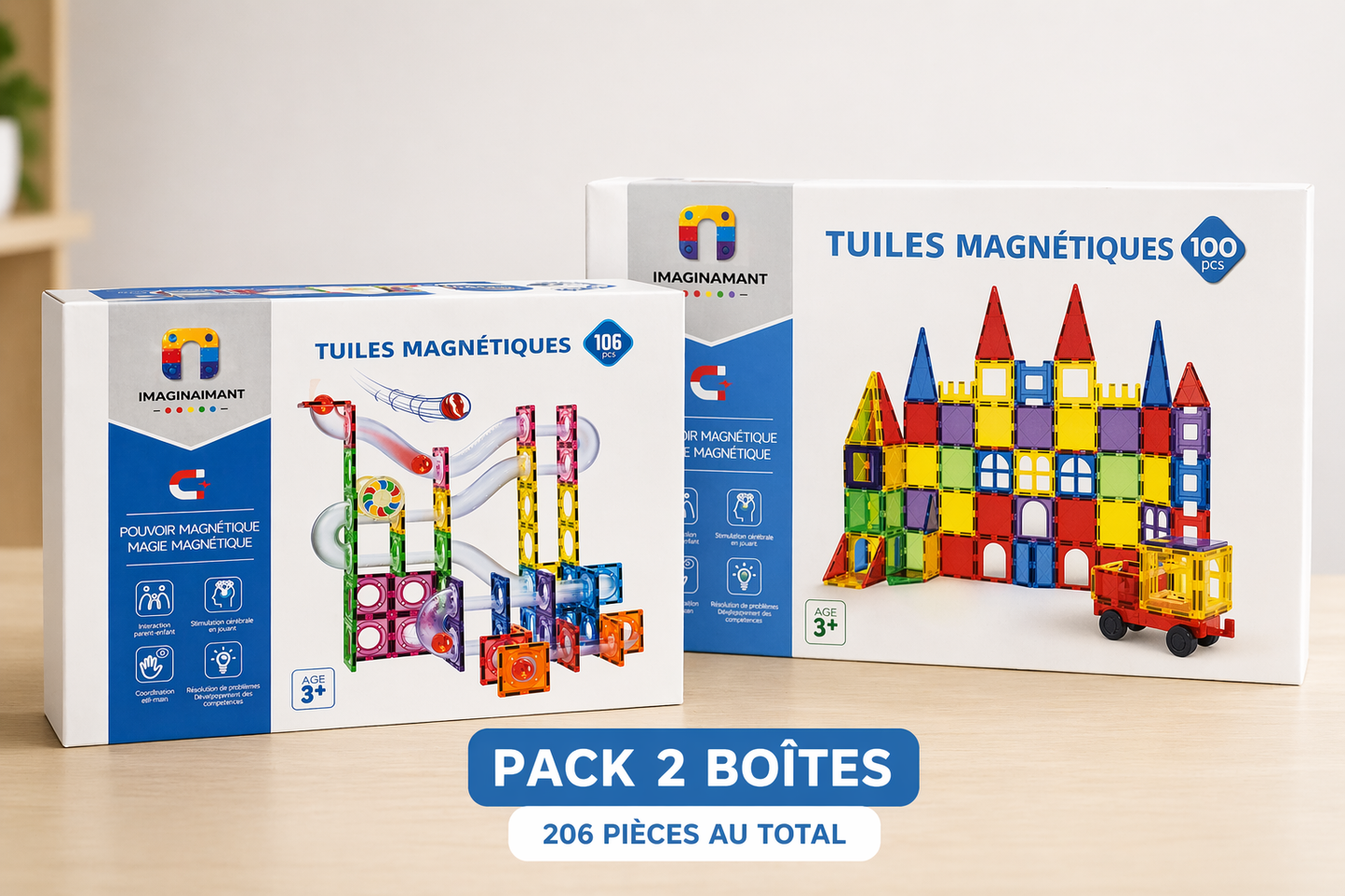 Pack Duo Jeux de Construction Magnétiques – Tuiles Magnétiques 100 Pièces + Circuit à Billes 106 Pièces | IMAGINAIMANT