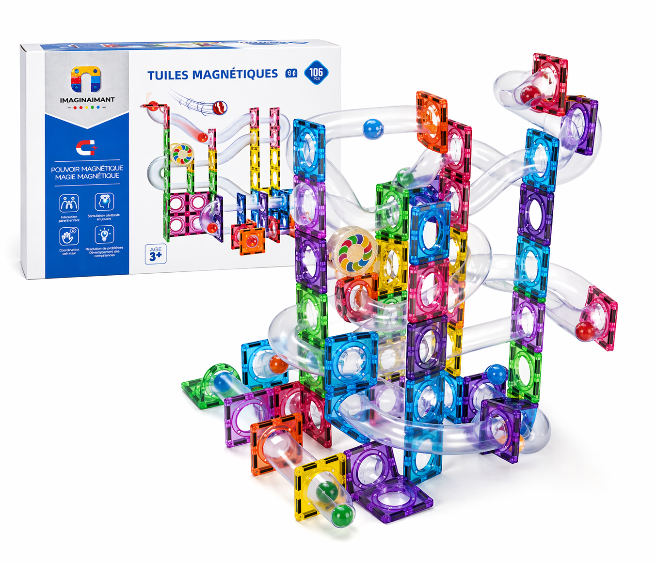 Circuit à Billes Magnétique 106 Pièces | Cadeau Enfant 3 à 6 ans