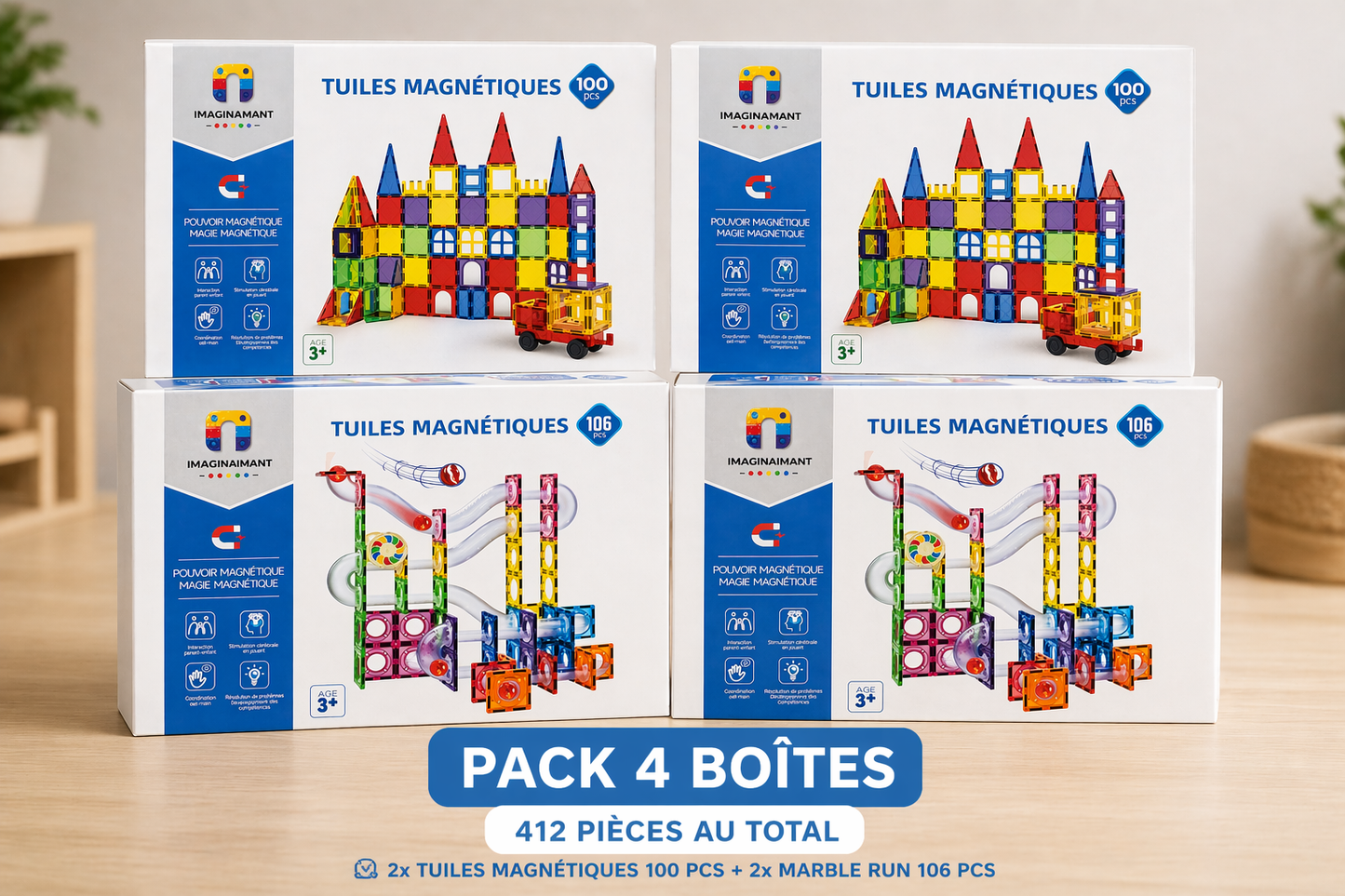 Pack Mega Duo Jeux de Construction Magnétiques – 2x Tuiles Magnétiques 100 Pièces + 2x Circuits à Billes 106 Pièces | IMAGINAIMANT