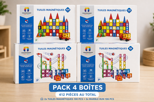 Pack Mega Duo Jeux de Construction Magnétiques – 2x Tuiles Magnétiques 100 Pièces + 2x Circuits à Billes 106 Pièces | IMAGINAIMANT