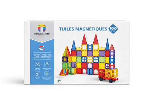 Jeu de Construction Magnétique 100 Pièces – Tuiles Magnétiques Éducatives STEM pour Enfants | IMAGINAIMANT