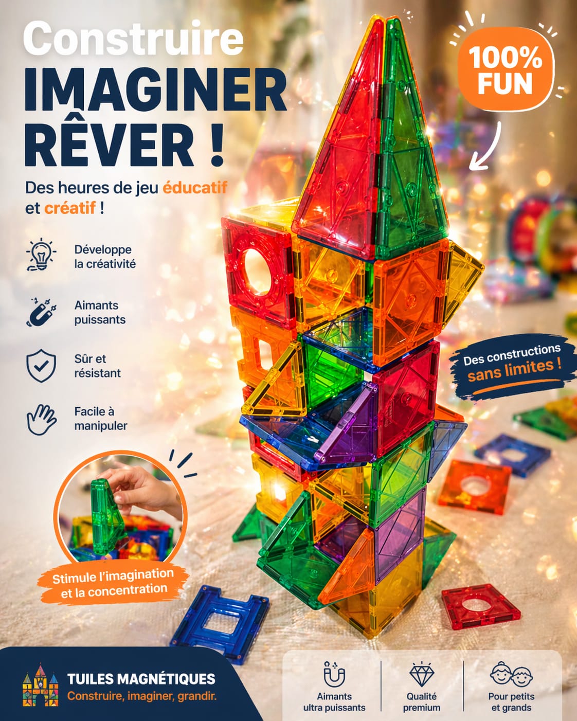 Jeu de Construction Magnétique 100 Pièces – Tuiles Magnétiques Éducatives STEM pour Enfants | IMAGINAIMANT